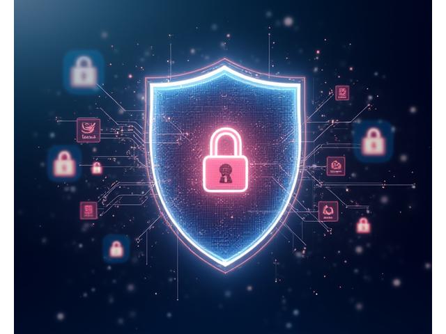 Illustration of a locked shield icon and secure digital data flow, emphasizing HIPAA compliance and data security