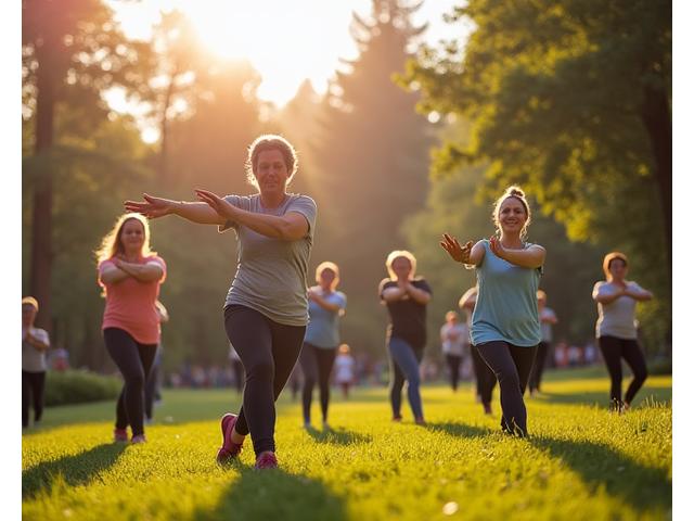 Group of vibrant adults practicing gentle yoga outdoors in a Portland park.