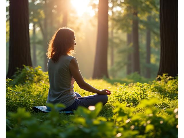 Person meditating in Forest Park, Portland, surrounded by lush greenery