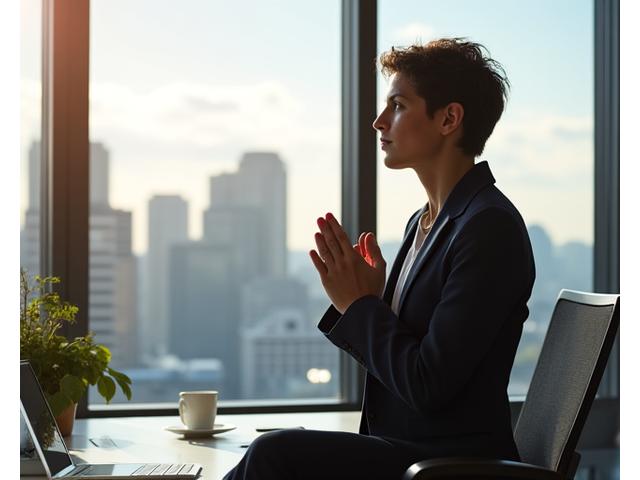 Portland professional practicing desk mindfulness in a modern office